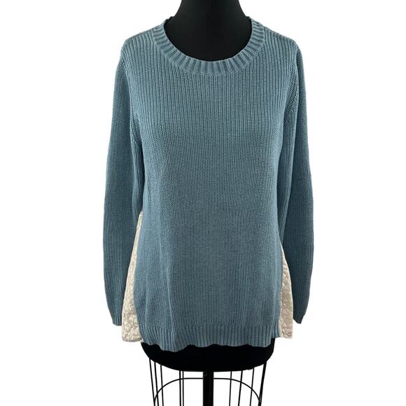 LOGO Lori Goldstein Blue Cotton Blend Asymmetric Sweater w/ Lace Godets Size M - Picture 1 of 10